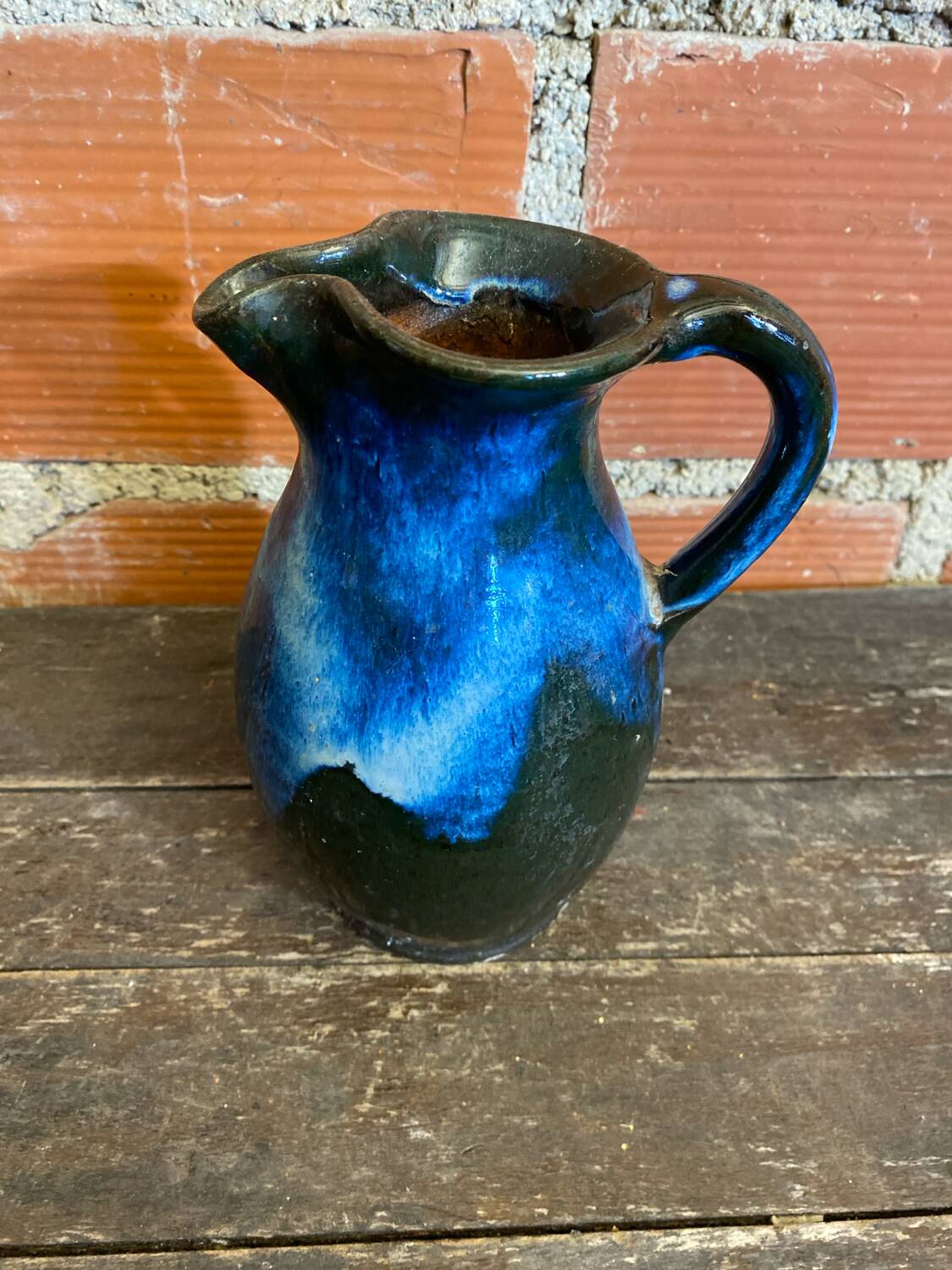 Vintage 1970s Black and Blue Glazed Stoneware Jug