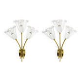 Pair of mid-century wall sconces in brass with flowers, Emil Stejnar, Rupert Nikoll, Austria, 1950s.