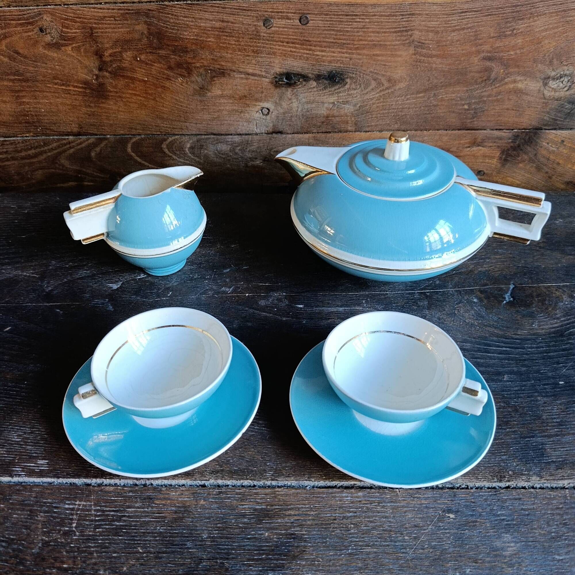 French Art Deco tea set for two – Turquoise blue