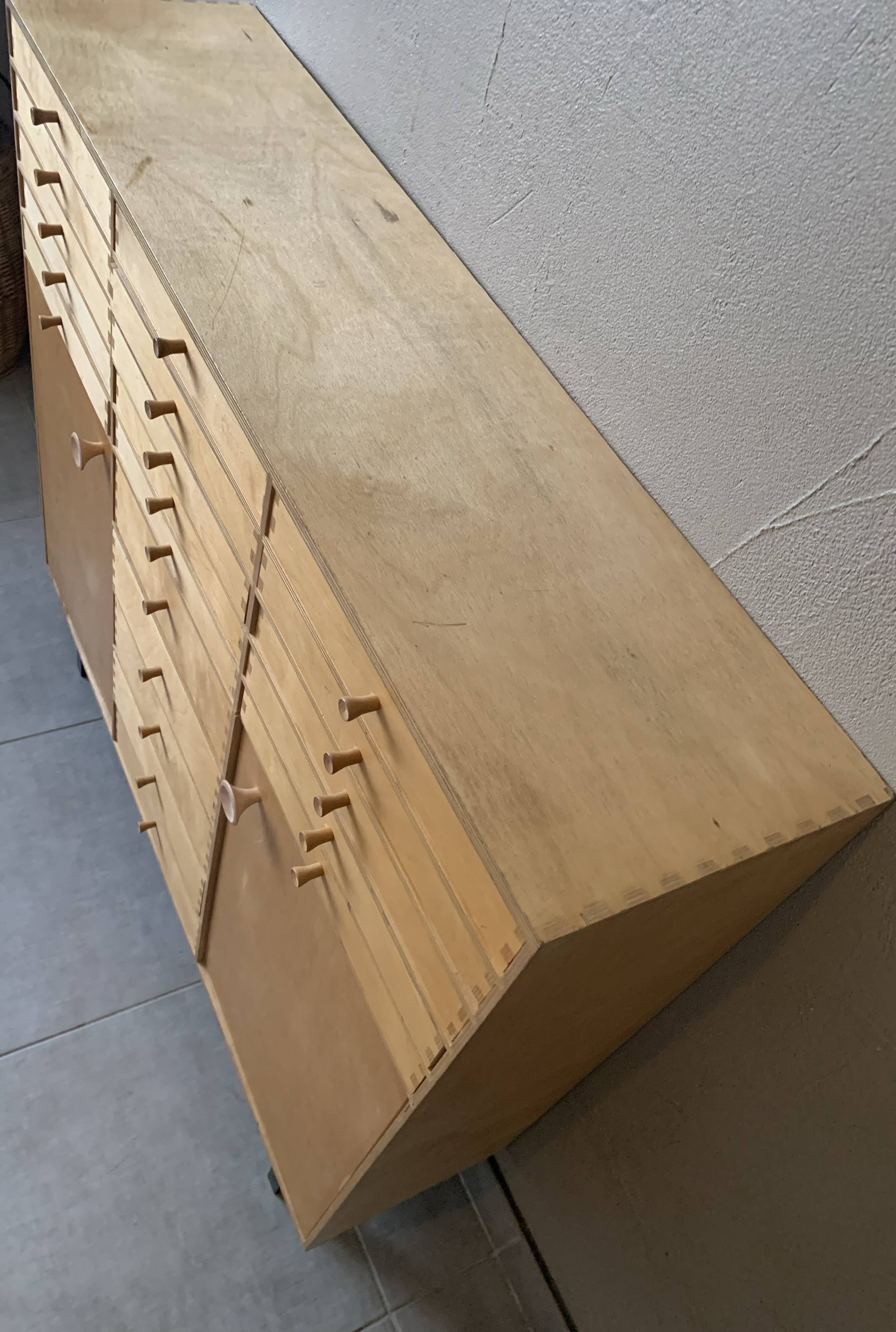 Vintage 20-drawer craft cabinet, 1960s in raw wood