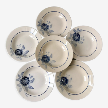 Lot de 6 assiettes creuses fleurs bleues Saint-Amand années 30-40