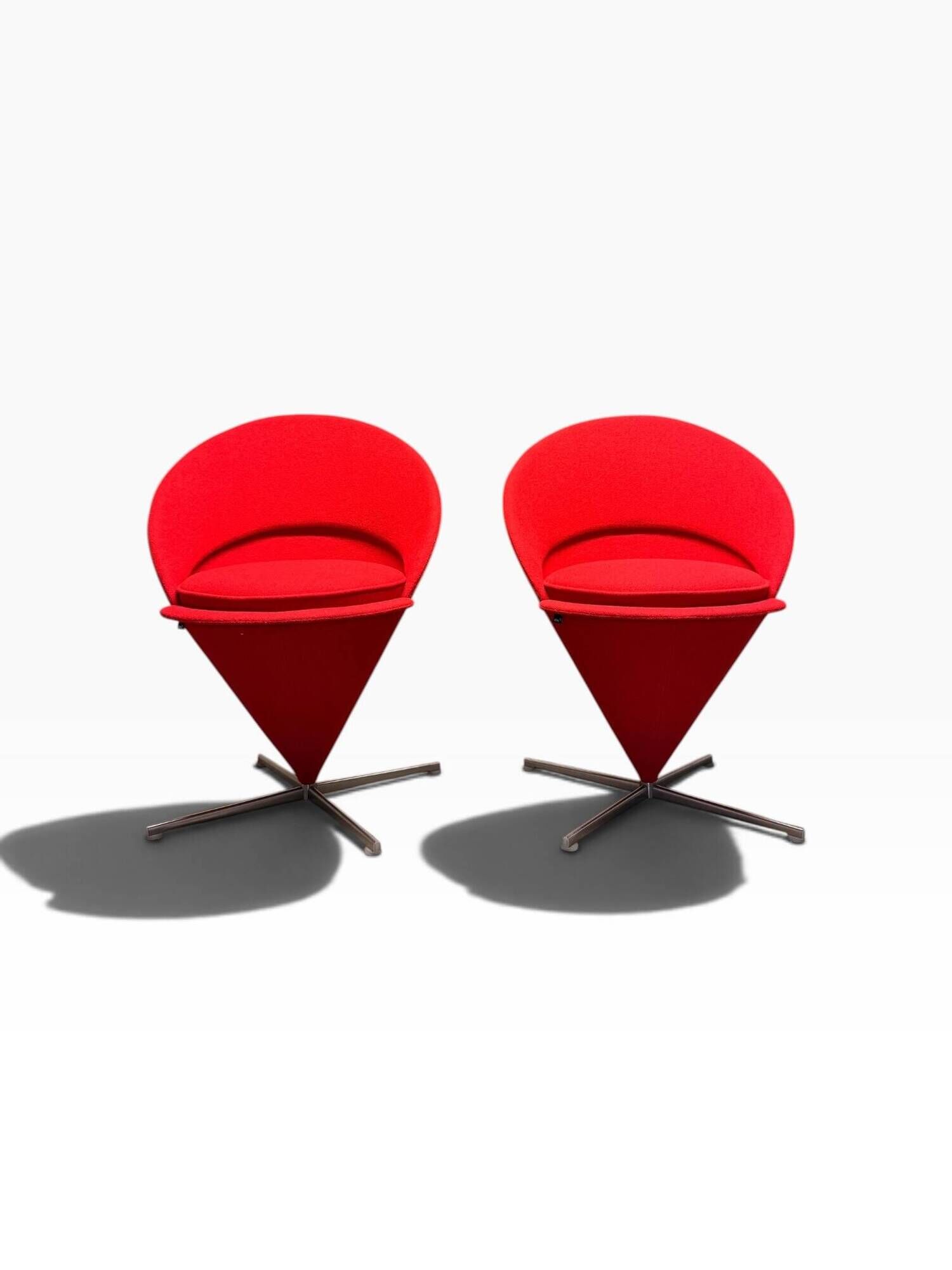 Pair of Cone Chair armchairs by Verner Panton for Vitra, red wool fabric.