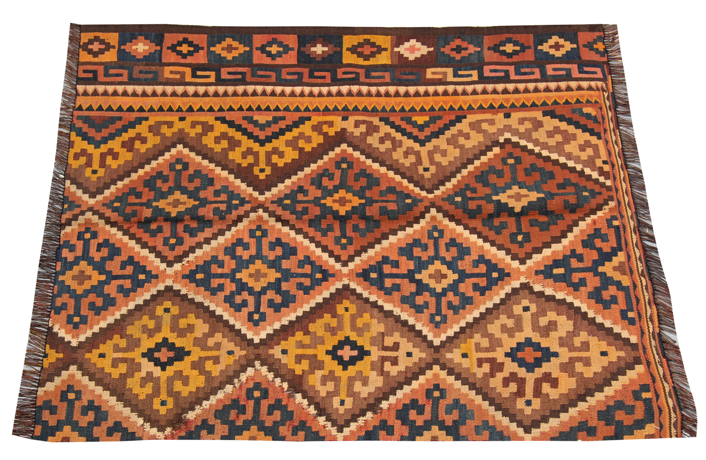 Vintage Orange Tribal Kilim, Geometric Design Wool rug- 95x110cm