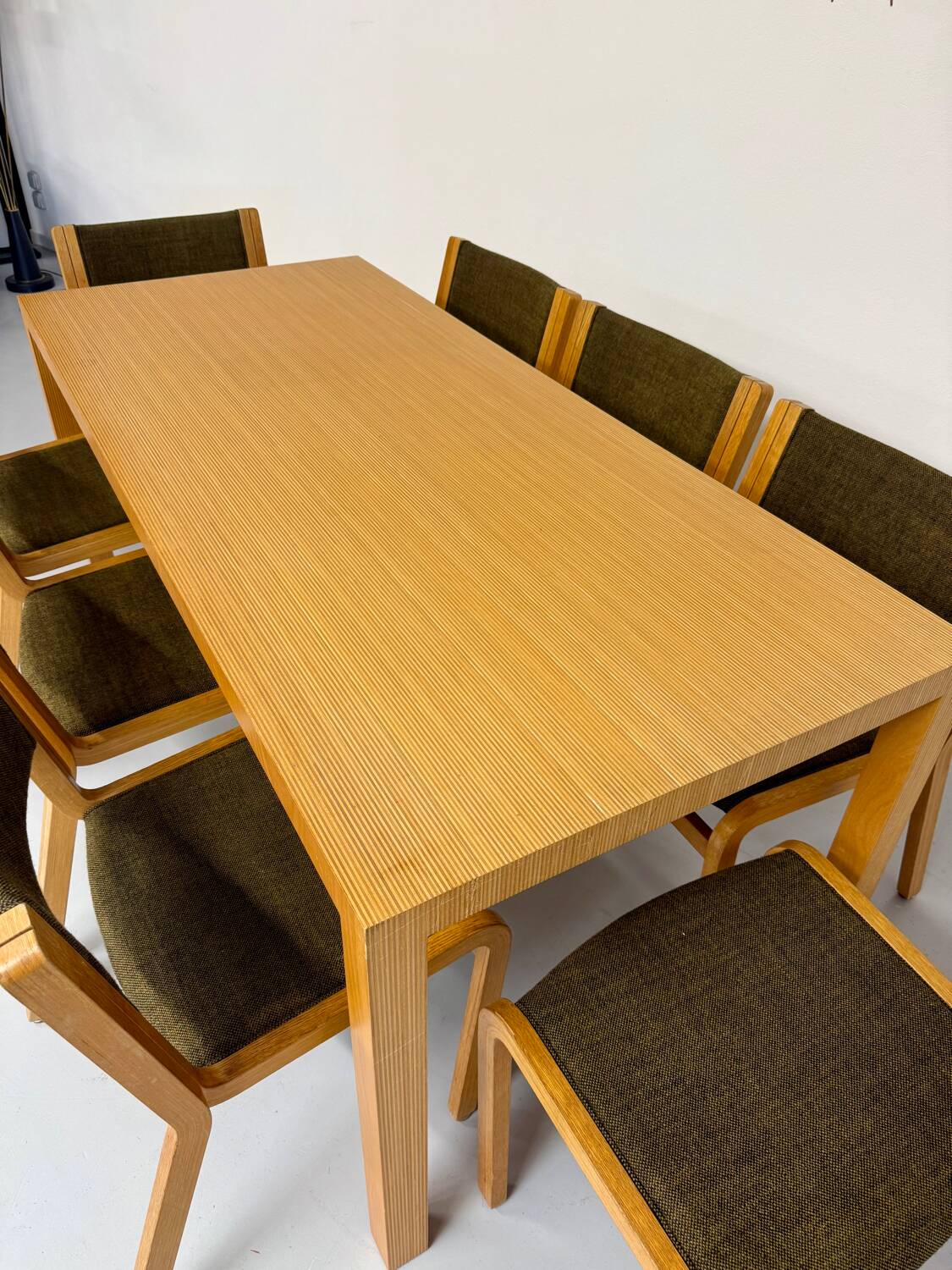 Post-modern striped wood table with drawers, design 80.