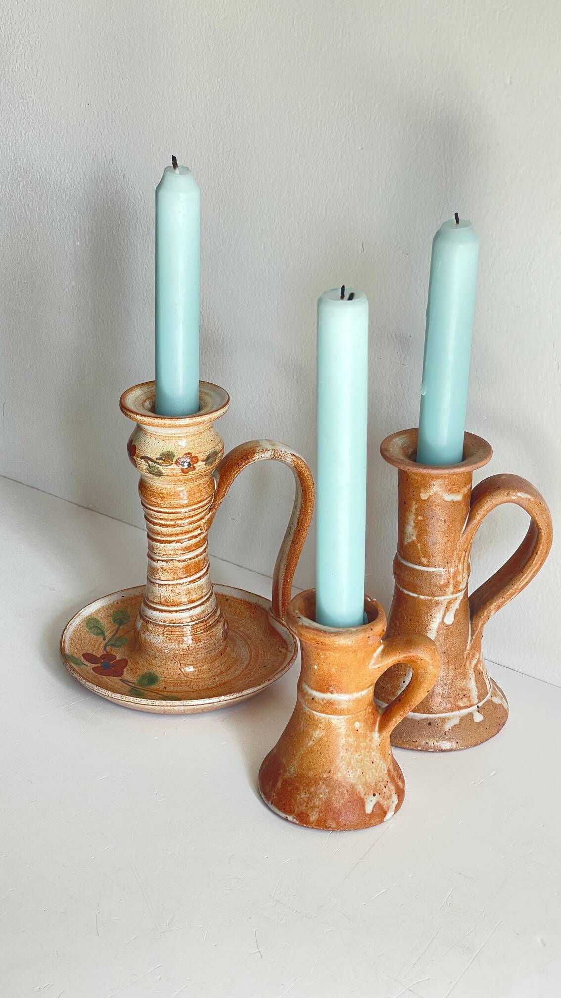 3 vintage handcrafted pottery candle holders