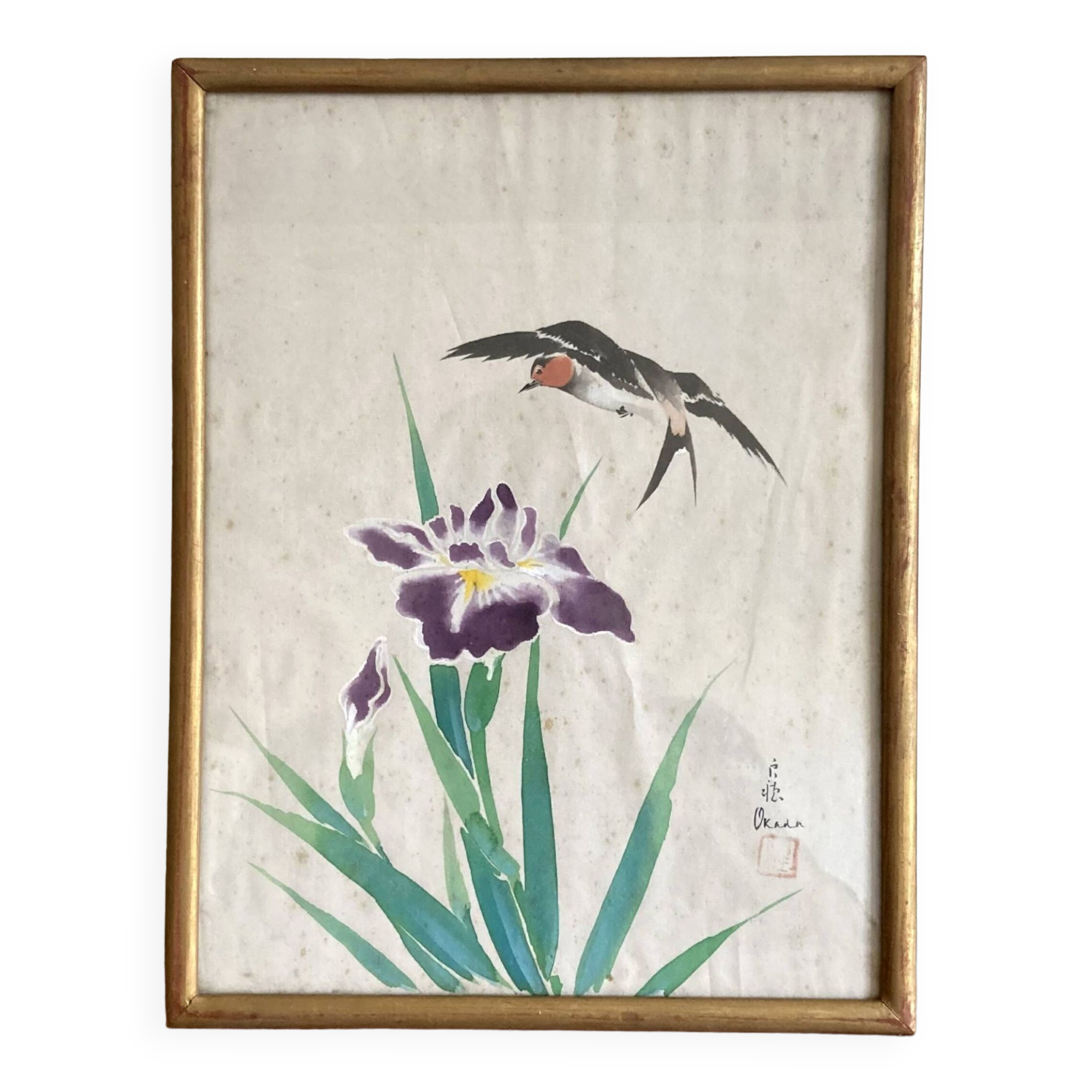 Small Japanese painting bird and iris Okada vintage old watercolor