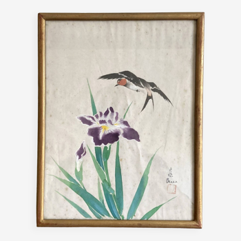 Petit tableau japonais oiseau et iris Okada vintage ancien aquarelle