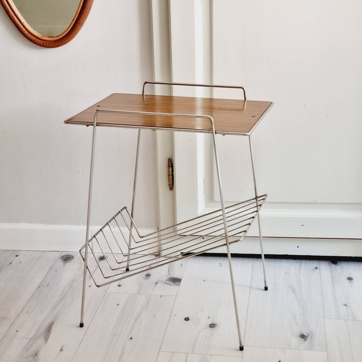 Metal and Formica magazine rack side table