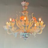 Lustre vénitien en verre de Murano bleu et rose, 8 bras de lumière, vers 19