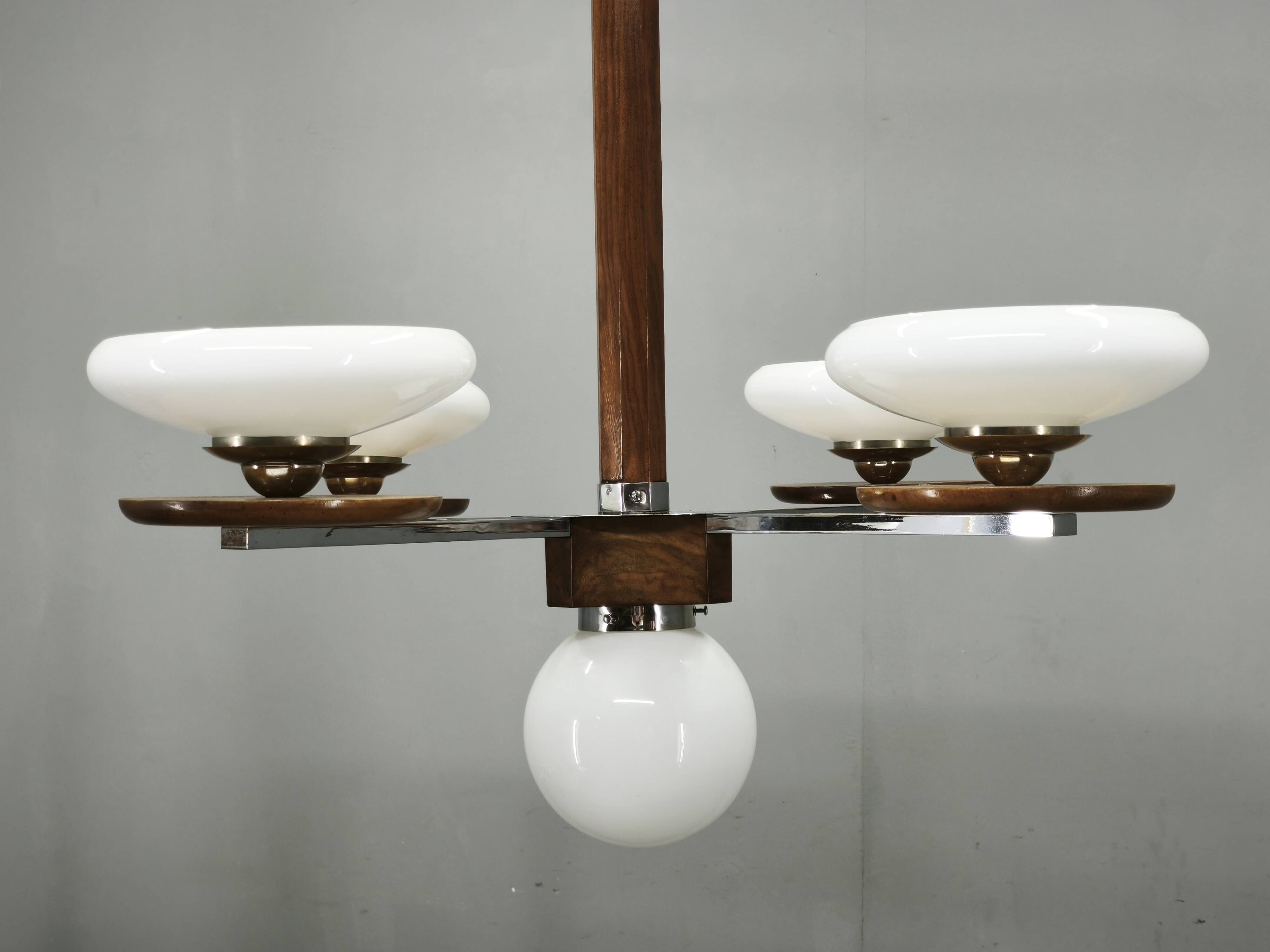 Czech Art Deco Walnut, Chrome and Opaline Glass Chandelier, 1930s