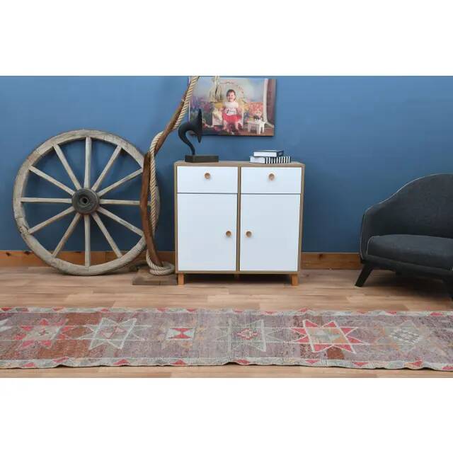 Rainbow Colorful Turkish Vintage Handmade Wool Runner Rug 86x358