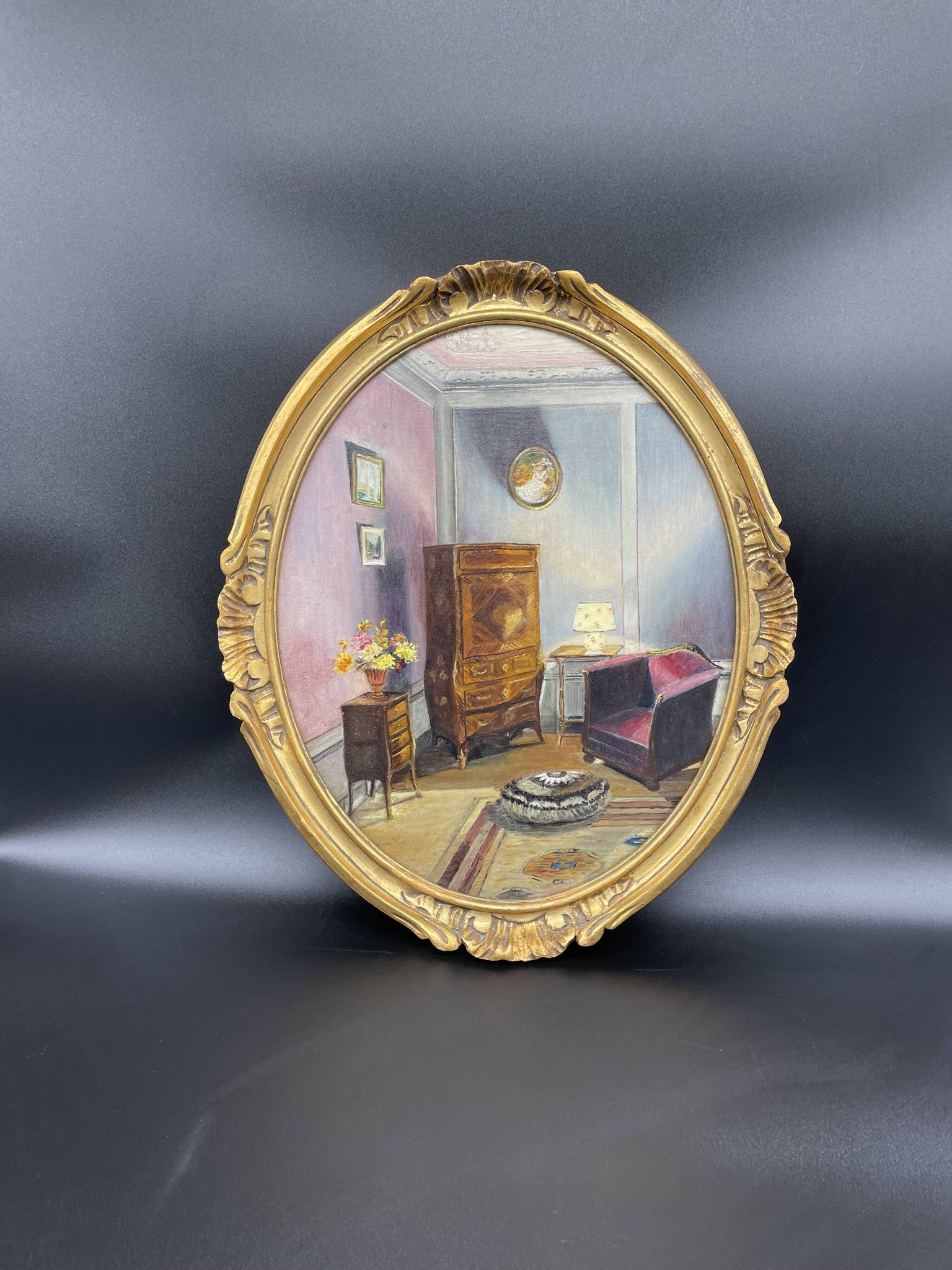 Ancient, Oil painting, interior scene, signed, wood frame, gilded, painting, French painter