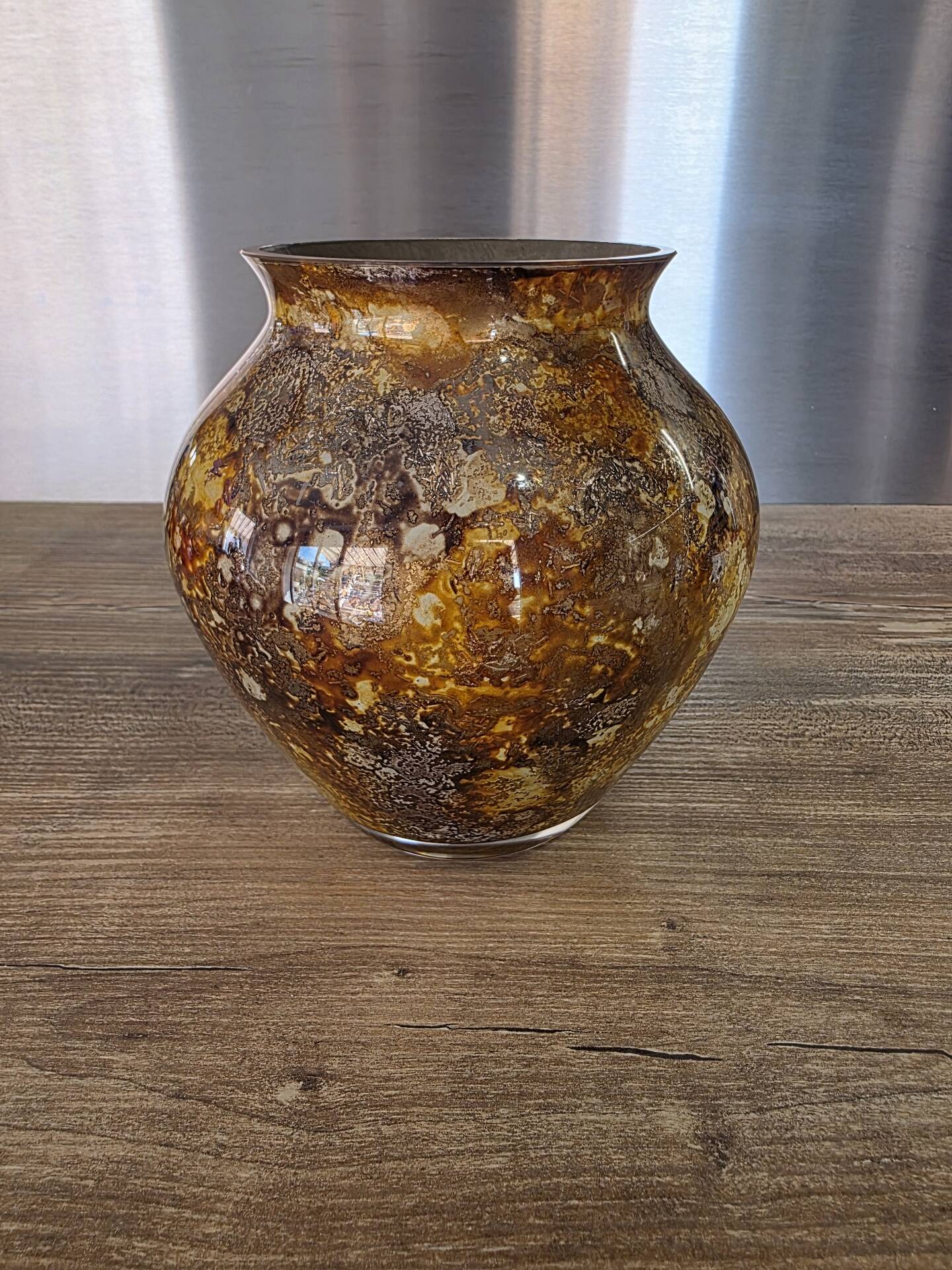 Vintage round vase Laque Line by Jean-Noël Bouillet Marbled golden tones