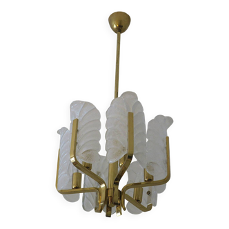 Carl Fagerlund brass and frosted glass acanthus leaf chandelier, 1960s