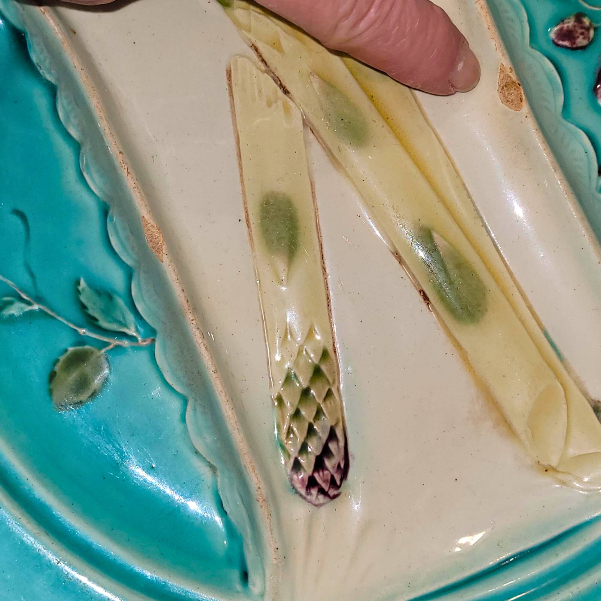Majolica asparagus plate – 19th century slip – antique turquoise blue