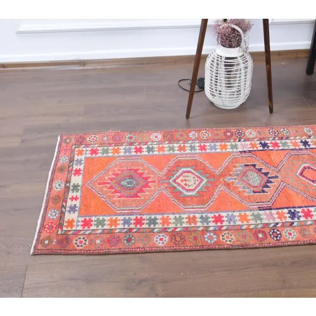 Vintage Turkish Oushak handmade wool cotton orange runner rug 83x336
