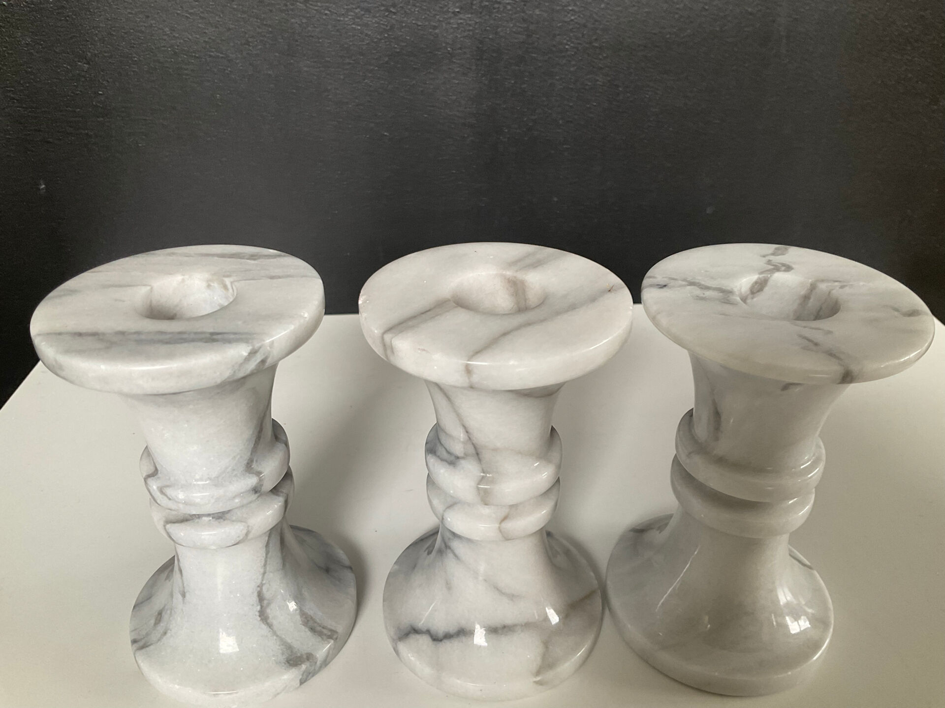 Set of 3 vintage Carrara marble candle holders