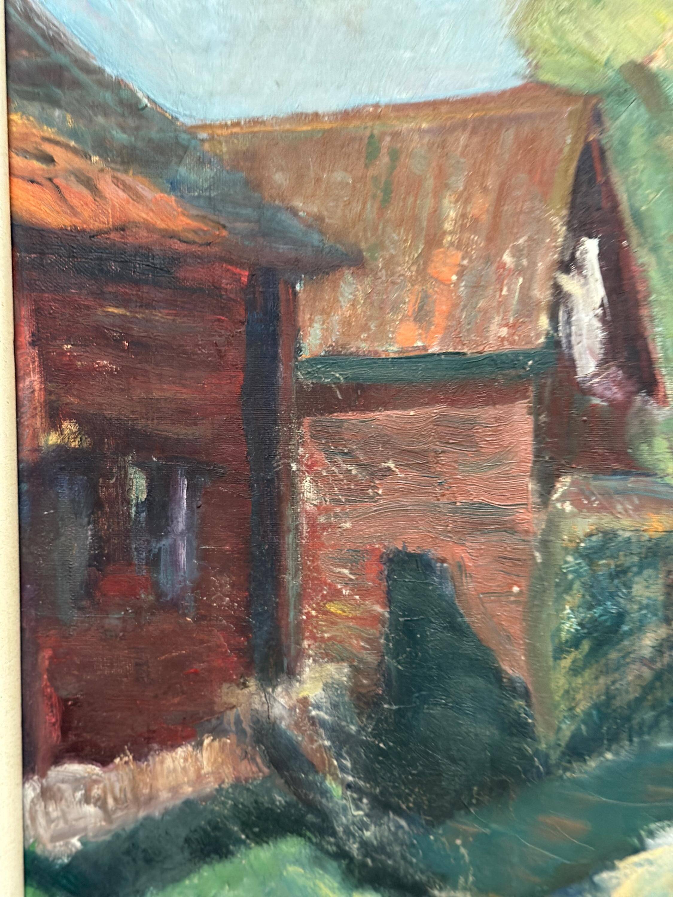 Original Mid Century Swedish Oil On Canvas – “Suburbia” By Erik Hult
