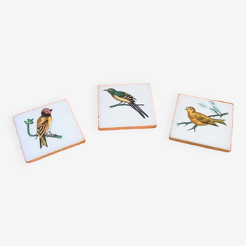 3 old ceramic tiles Bird on branch decoration