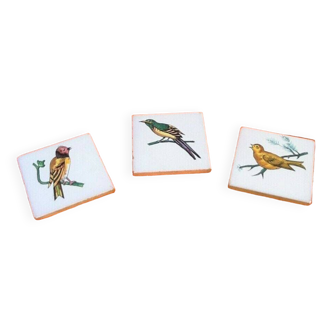 3 old ceramic tiles Bird on branch decoration