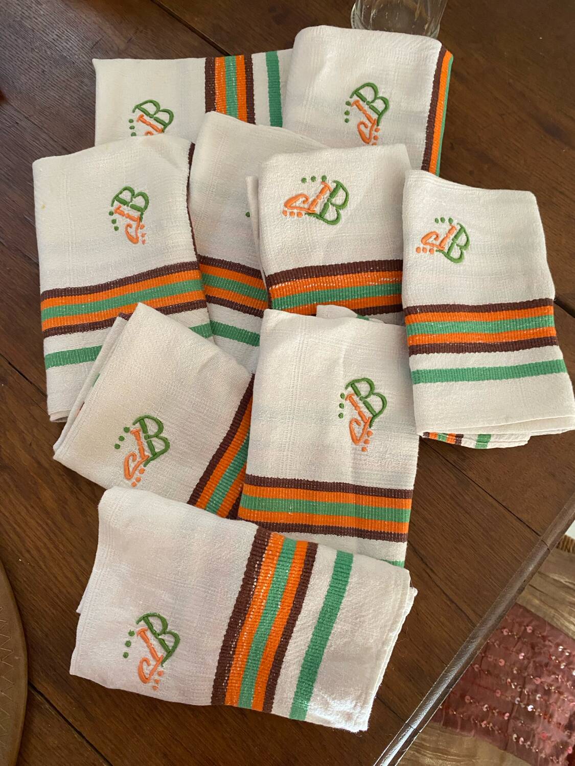 8 vintage orange and green striped napkins with JB monogram