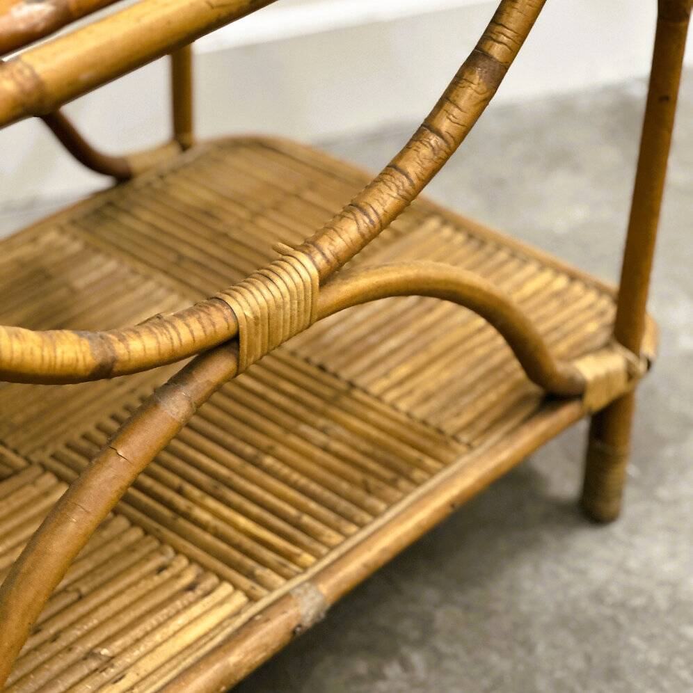 Rare large French Riviera rattan bar cart with bottle holder, 1960s