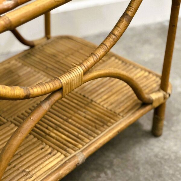 Rare et grand chariot de bar en rotin de la Côte d'Azur avec porte-bouteilles, années 1960