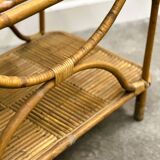 Rare large French Riviera rattan bar cart with bottle holder, 1960s