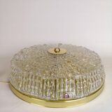 Midcentury crystal and brass ceiling lamp by Orrefors, Carl Fagerlund, 1970s, Sweden.