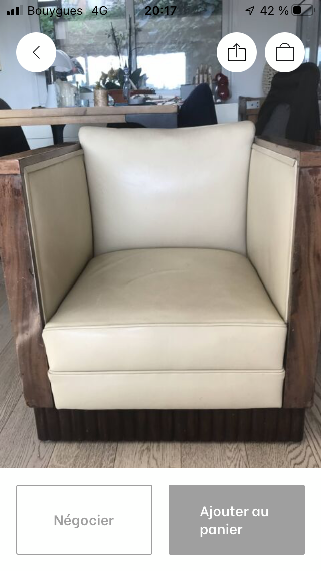 Two armchairs and an Art Deco style pouf