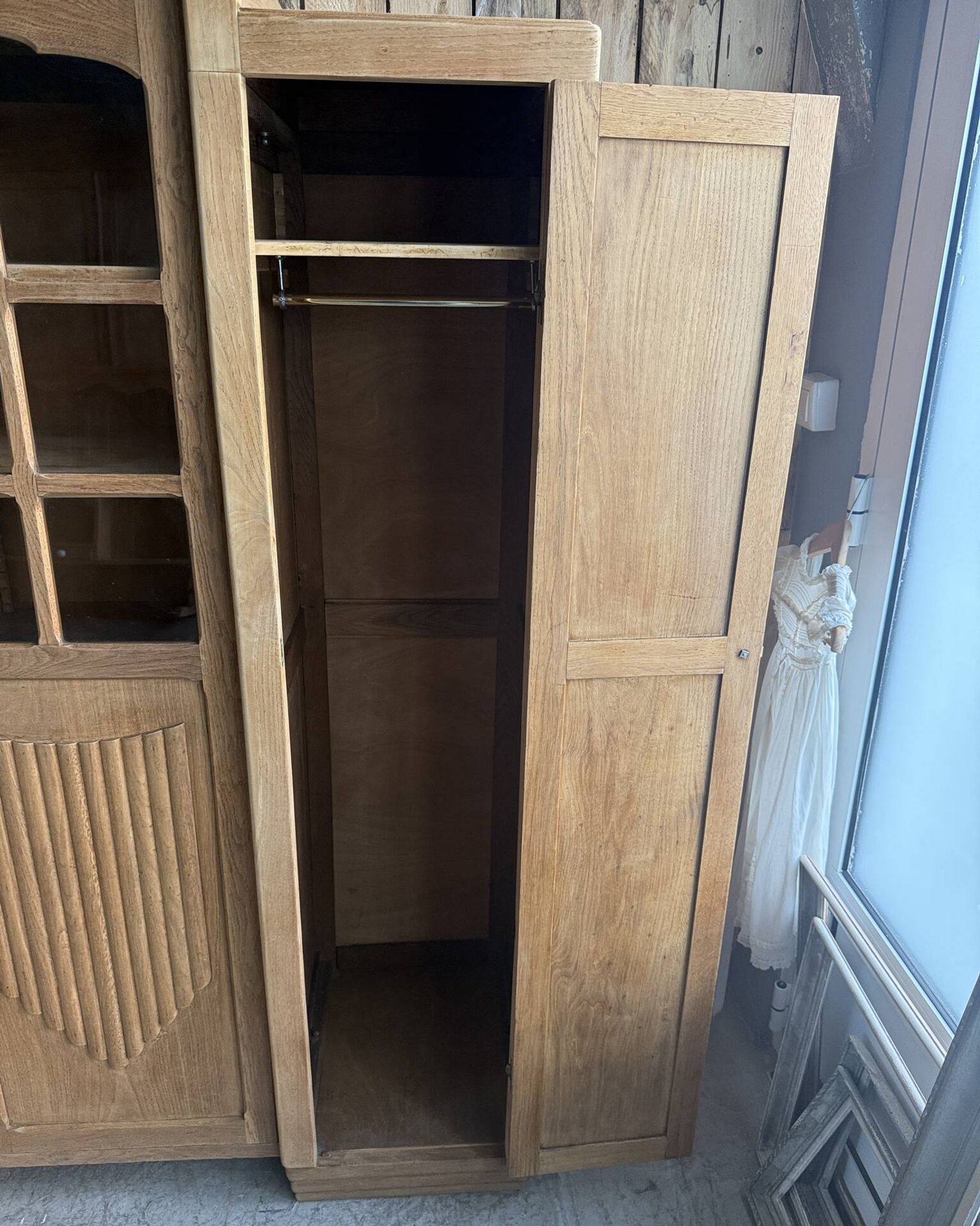Large asymmetrical Art Deco wardrobe with three doors in oak (renovated)