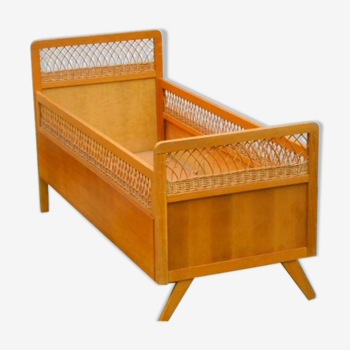 Crib wood rattan vintage 1960