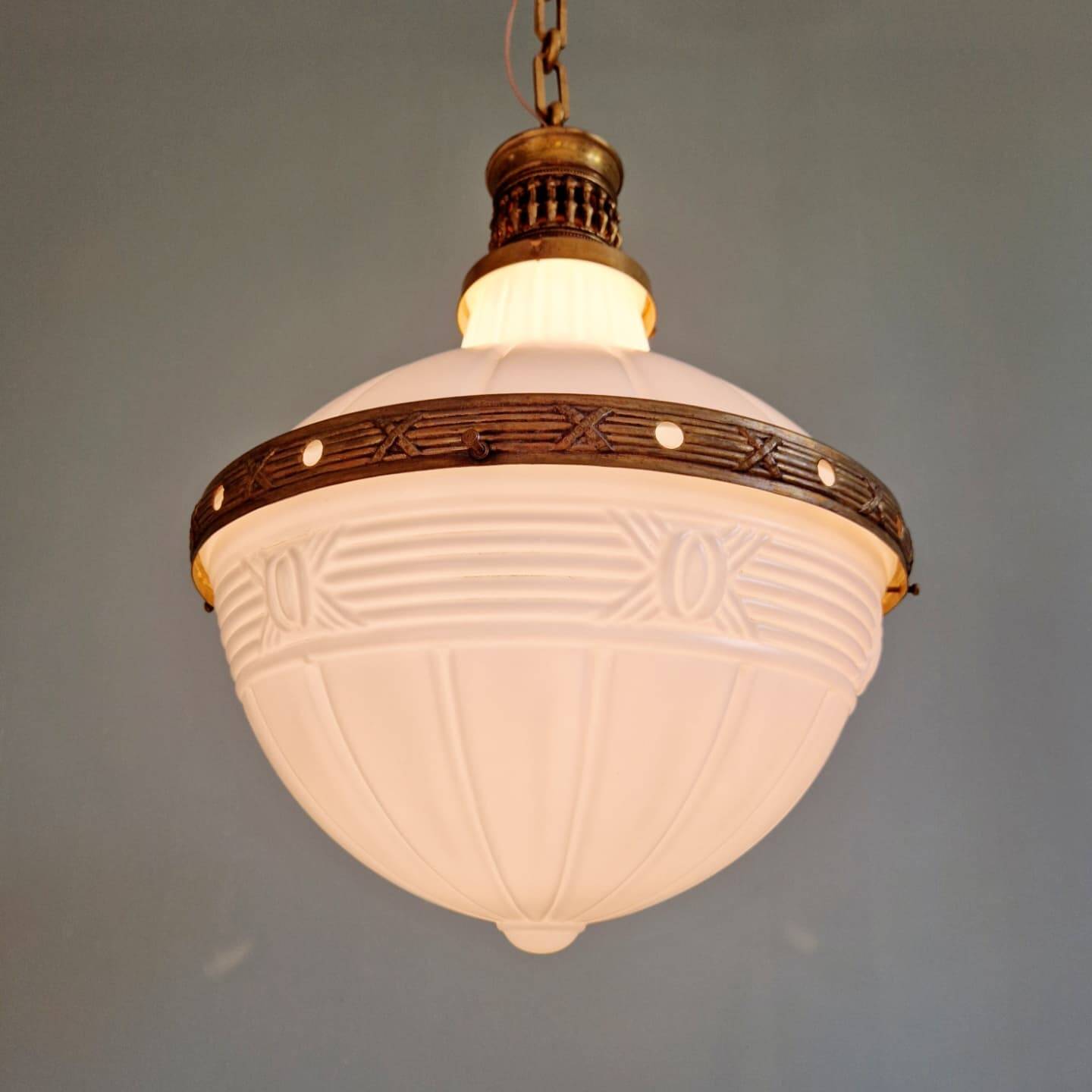 Large Art Deco pendant light in milk glass and brass, 1920s