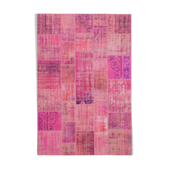 Handwoven oriental overdyed 202 cm x 303 cm pink patchwork rug