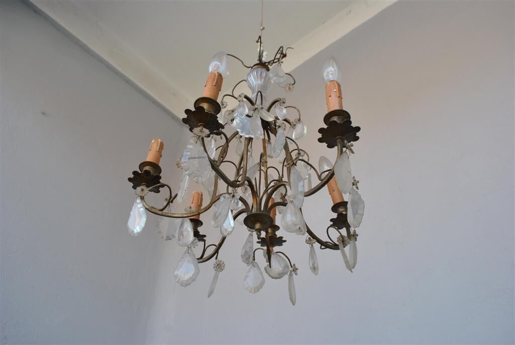 Lustre à pampille de style Louis XV bronze doré 6 feux