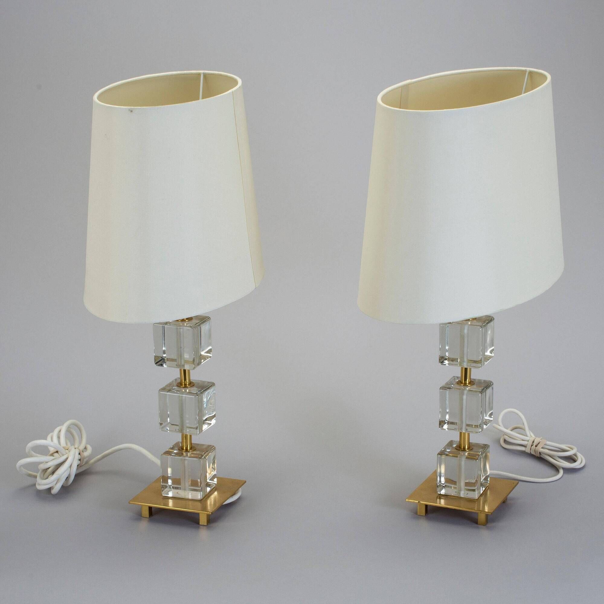 Pair of glass and brass desk lamps by Malmo Metallvarufabrik, Sweden, 1960.