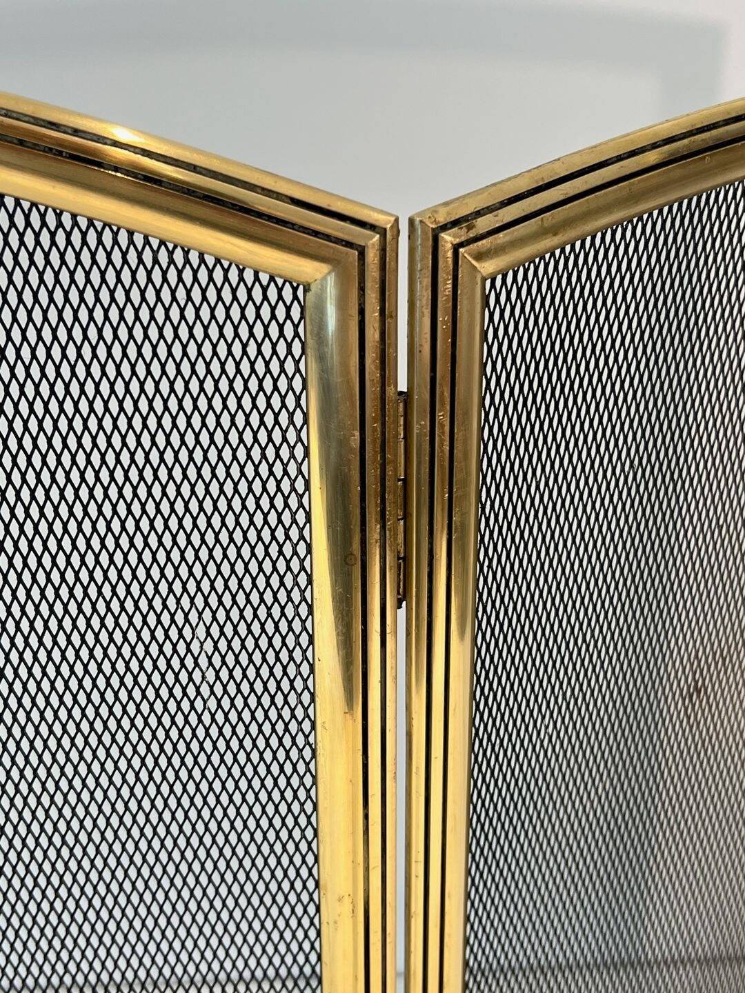 Three-Panel Neoclassical Fire Screen with Wire Mesh and Brass Frame