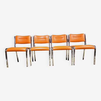 Set de 4 chaises chromées skaï orange 1970 vintage