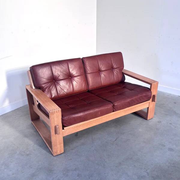 Leather 2 seat lounge sofa in "Bonanza" style, 1970s