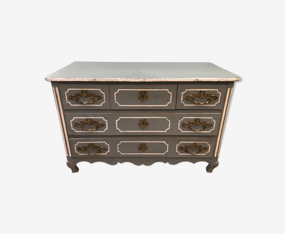 Commode ancienne Louis XV époque milieu XVIII ème en noyer patinée gris et blanc