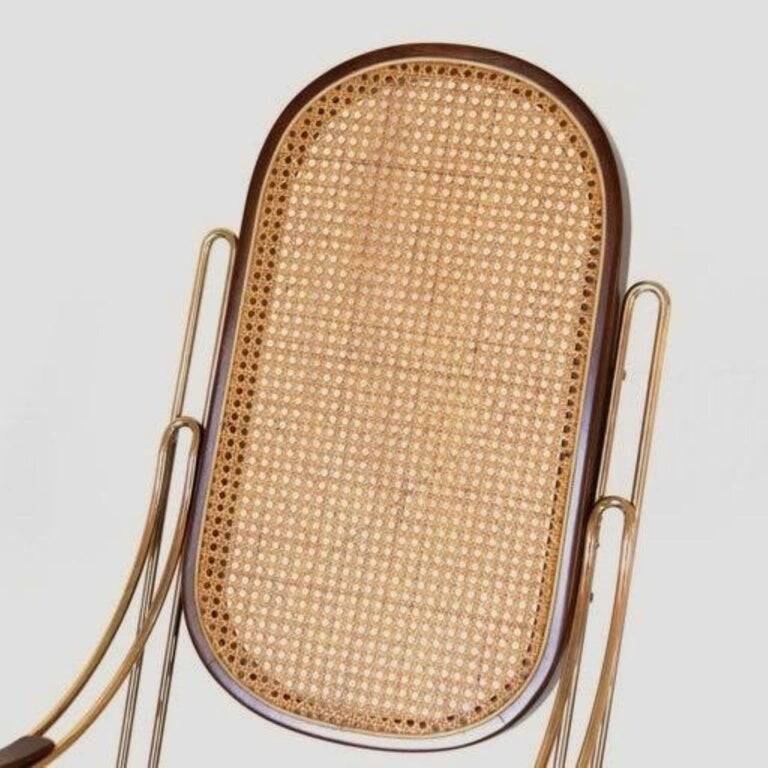 1970s Thonet-Style Rocking Chair, Brass & Wicker