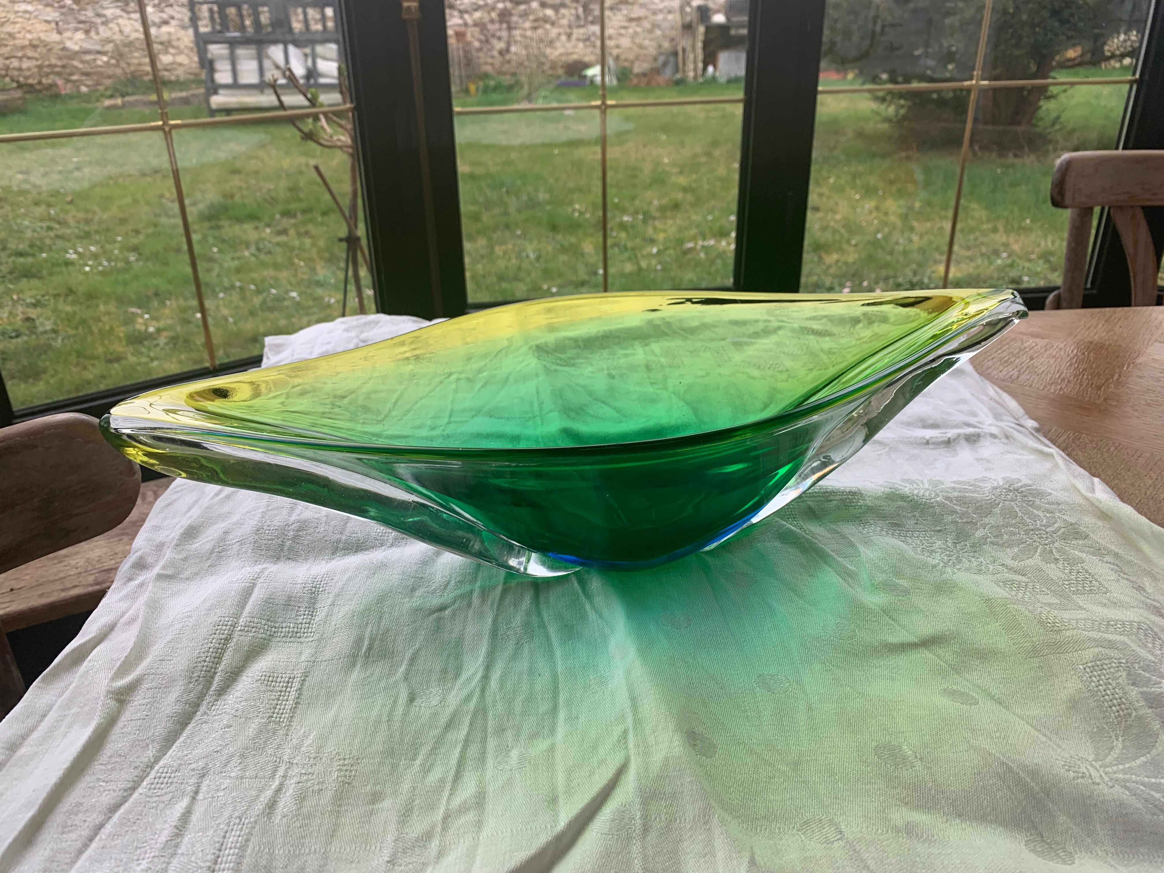 Glass fruit cup in the shape of a vintage yellow green vegetable leaf