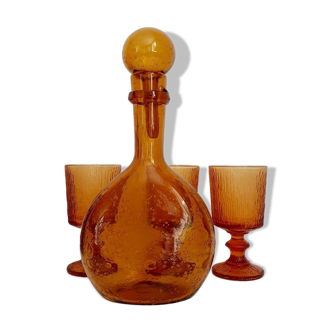 Ensemble carafe et 3 verres ambrés vintage