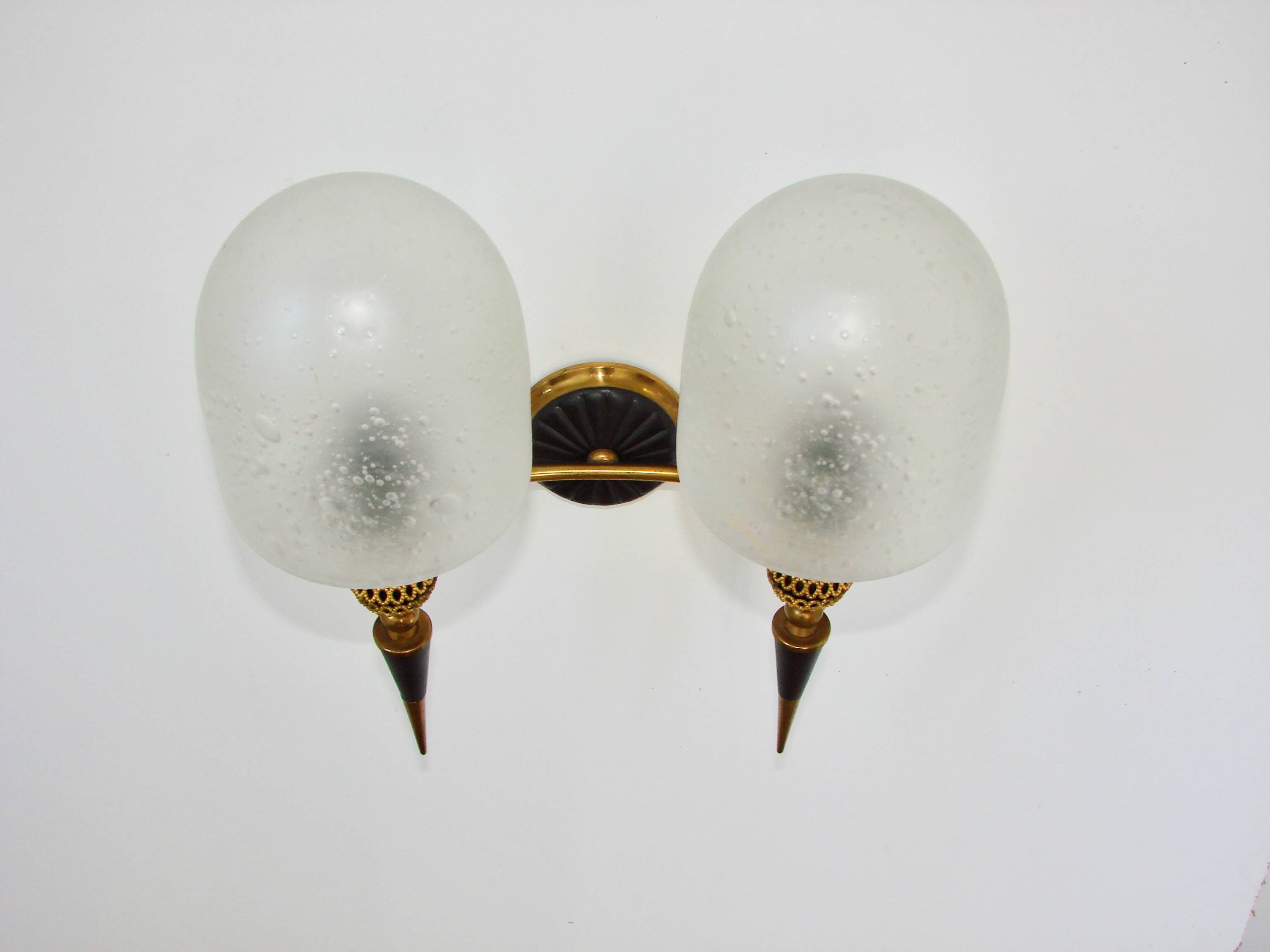 Mid-century brass wall lamp, 1950s, glass and brass, 2xE14