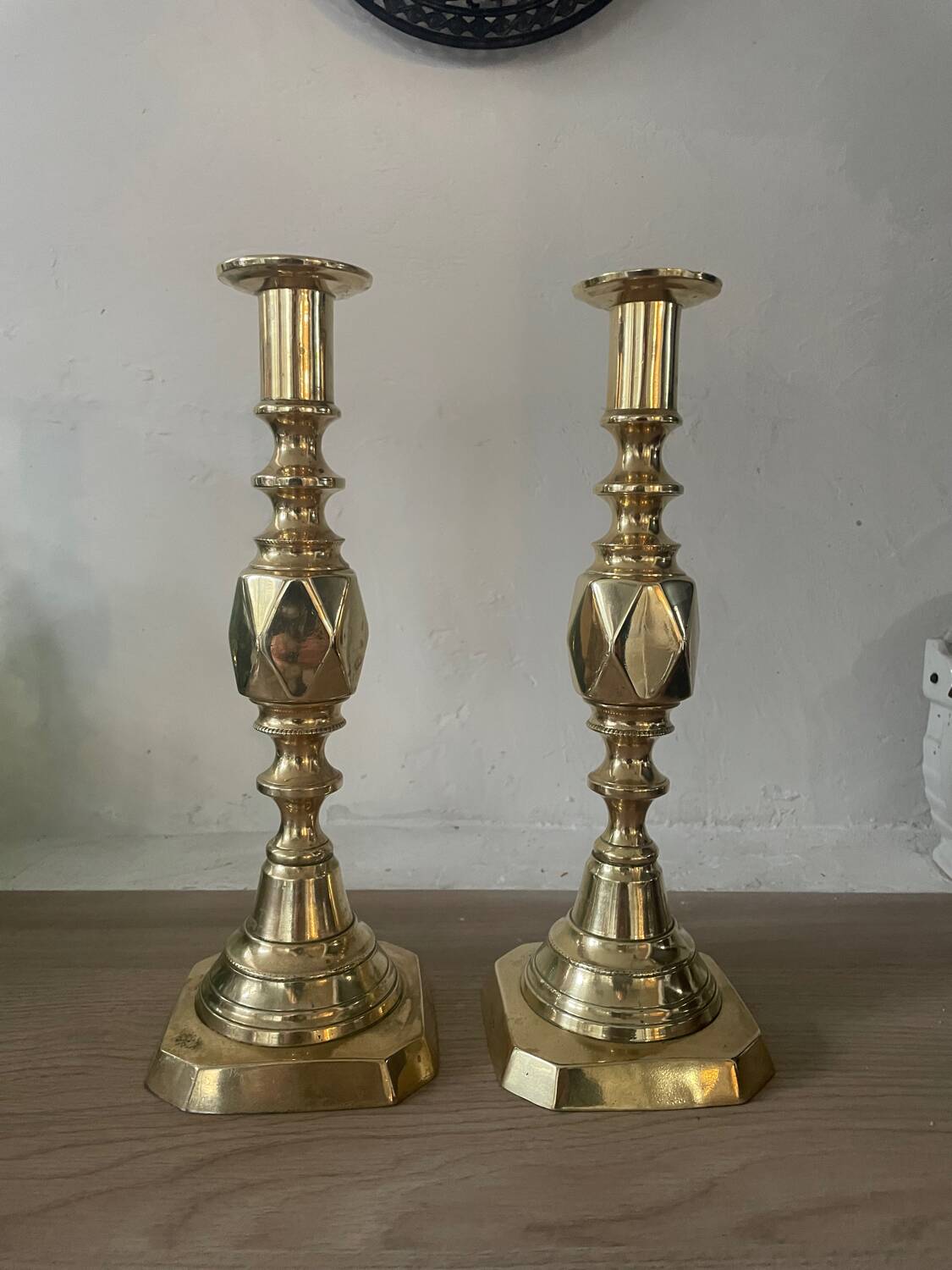 Pair of antique english princess of diamonds brass candlesticks