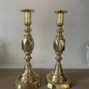 Pair of antique english princess of diamonds brass candlesticks