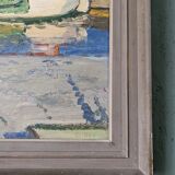 Mid-century modern "the dock" swedish seascape oil painting, framed