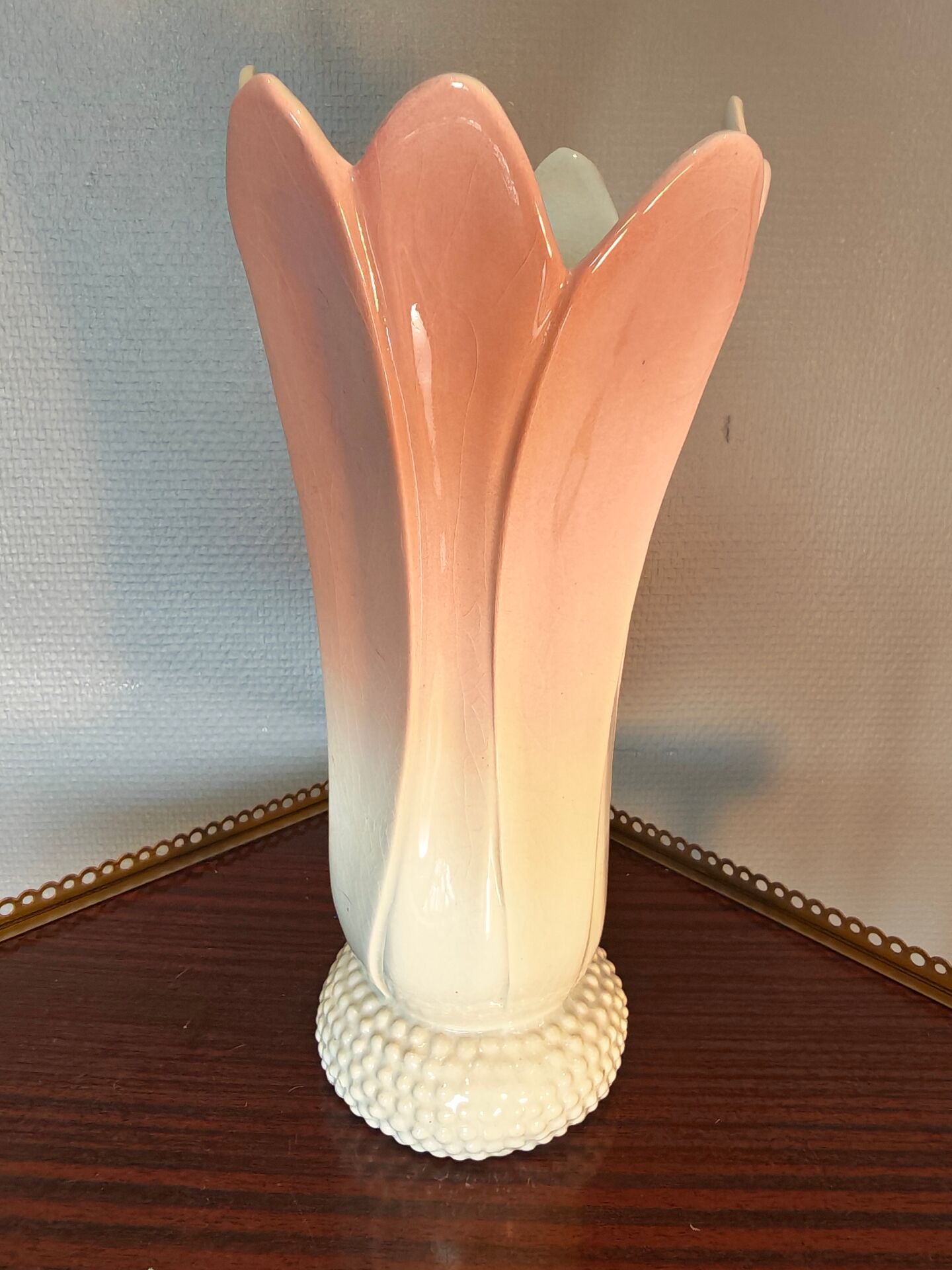 Vintage pink and white tulip vase in majolica, 1950s style.