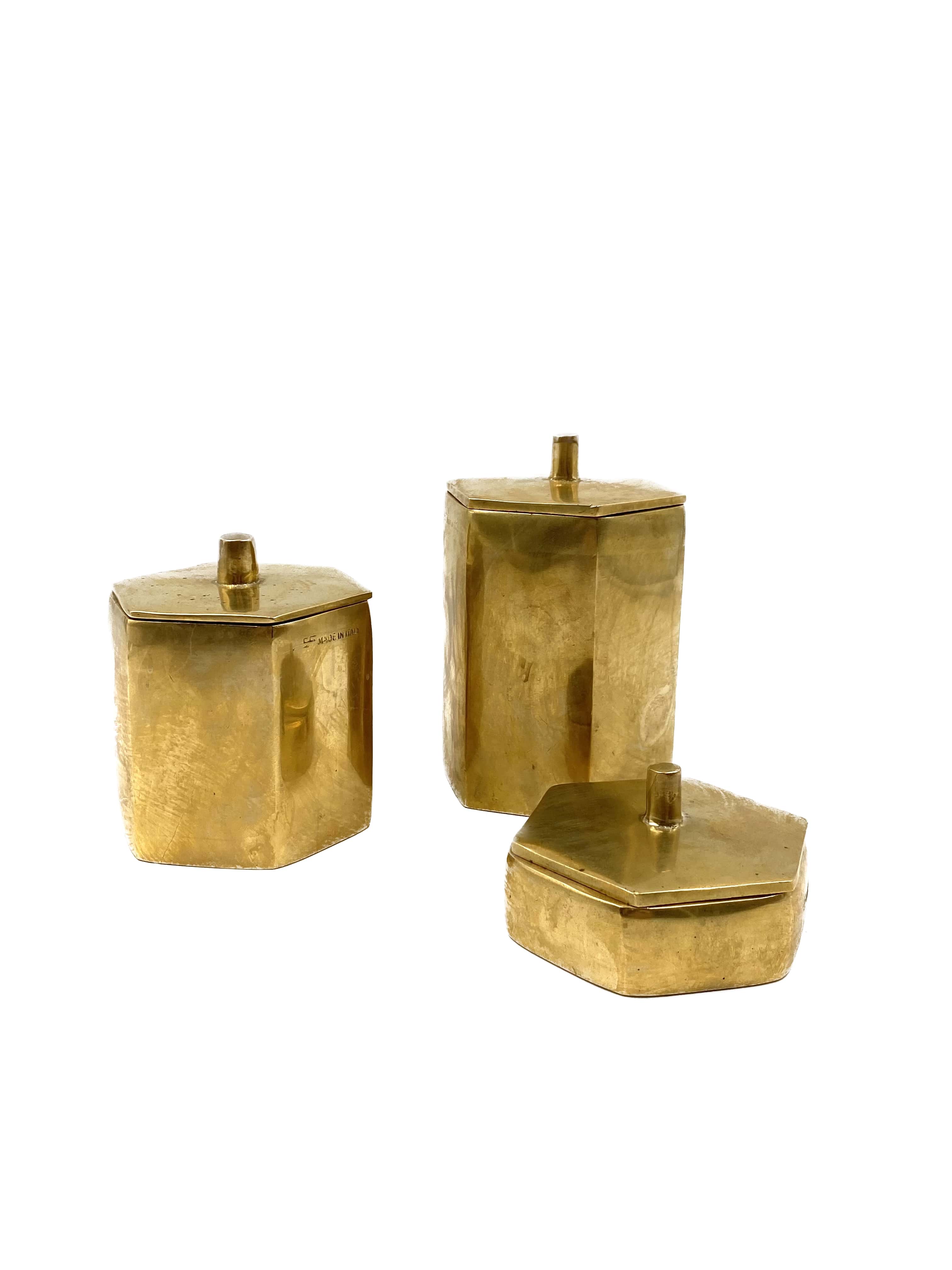 Set of 3 solid Brass boxes , De Falco Italy 1970s