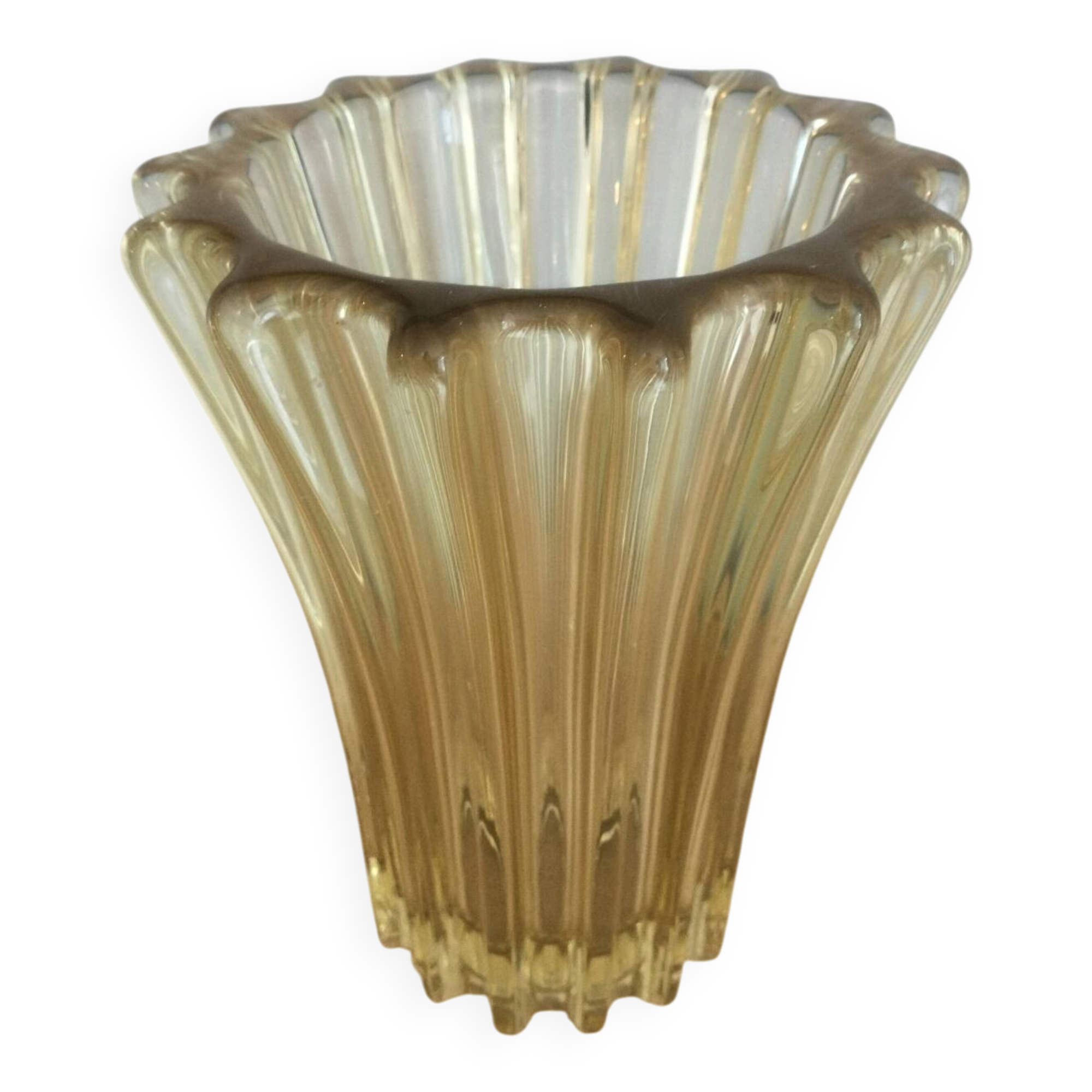 Art Deco vase by Pierre d'Avesn, ribbed amber glass, 1930s